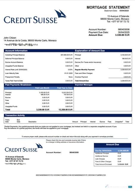 Download Monaco Credit Suisse (Monaco) mortgage statement Word and PDF template Photoshop template